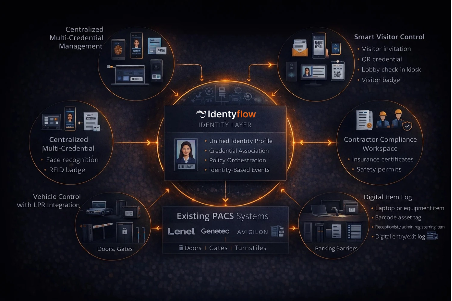 Identity management design connecting access control, biometrics, visitors, vehicles, and assets