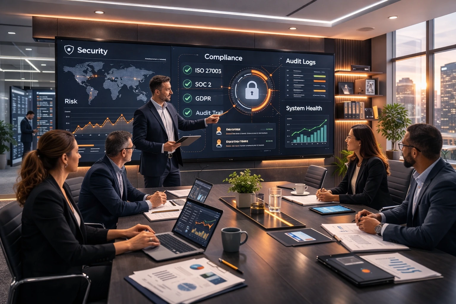 Security and compliance business leadership reviewing dashboards and audit data